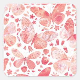 Butterflies Watercolor Coral Rosa Fyrkantigt Klistermärke