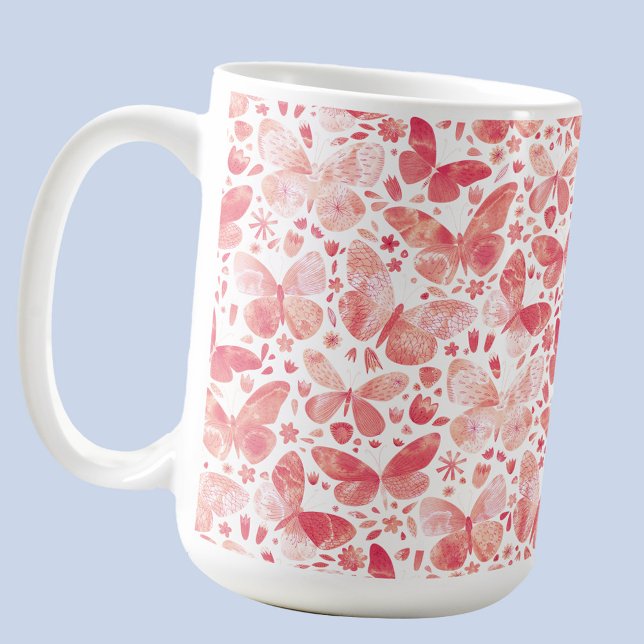 Butterflies Watercolor Coral Rosa Kaffemugg (Coral peach pink watercolor butterfly pattern art mug)