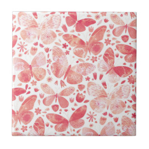 Butterflies Watercolor Coral Rosa Kakelplatta