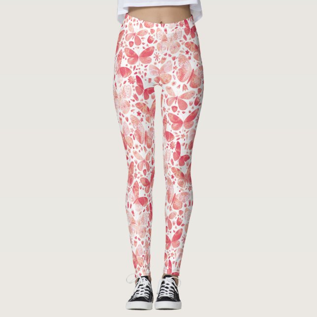 Butterflies Watercolor Coral Rosa Leggings (Framsida)