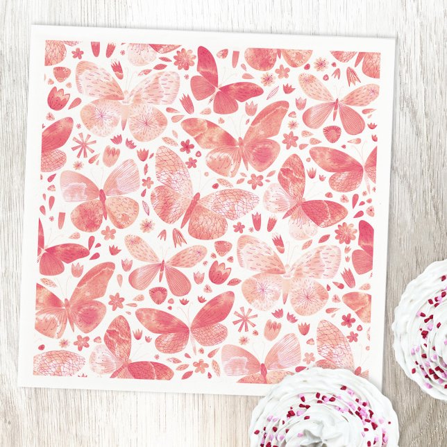 Butterflies Watercolor Coral Rosa Pappersservett (Blush pink watercolor butterfly paper napking)