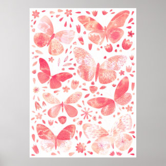 Butterflies Watercolor Coral Rosa Poster