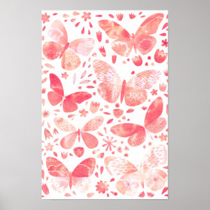 Butterflies Watercolor Coral Rosa Poster