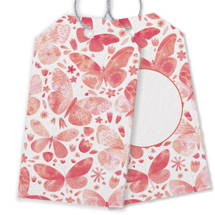 Butterflies Watercolor Coral Rosa Presentetikett