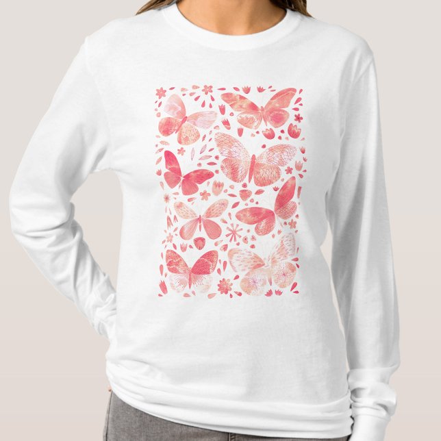 Butterflies Watercolor Coral Rosa T Shirt (Coral blush pink watercolor butterfly pattern t-shirt)