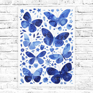 Butterflies Watercolor Indigo Blue-Kanvastryck Canvastryck