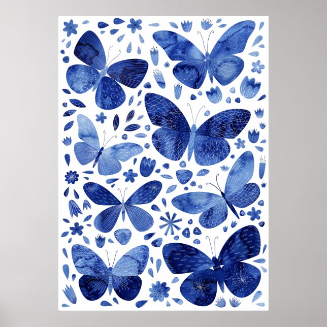 Butterflies Watercolor Indigo Blue Poster (Framsidan)