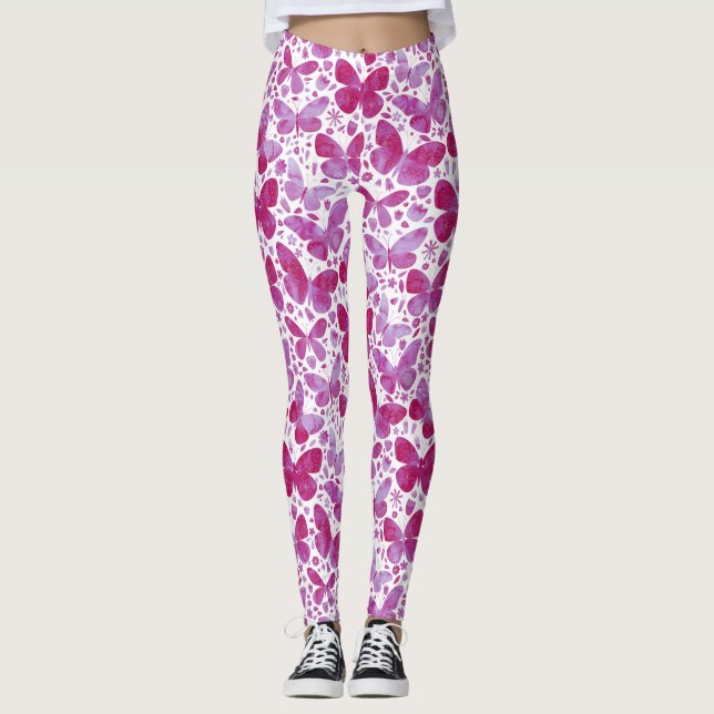 Butterflies Watercolor Magenta Rosa Leggings (Framsida)