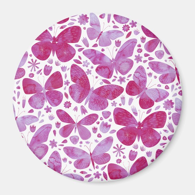 Butterflies Watercolor Magenta Rosa Magnet (Framsidan)