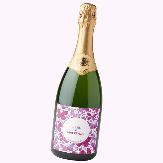 Butterflies Watercolor Magenta Rosa Modern Boho (Butterfly watercolor modern wedding personalized sparkling wine bottle label)