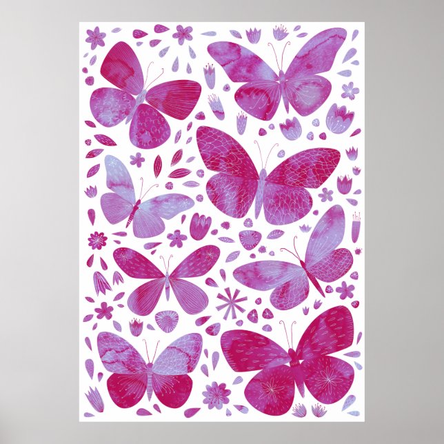 Butterflies Watercolor Magenta Rosa Poster (Framsidan)