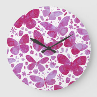 Butterflies Watercolor Magenta Rosa Stor Klocka
