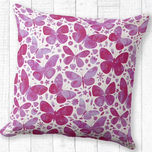 Butterflies Watercolor Mönster Rosa Kudde (Watercolor butterfly pattern magenta pink and white throw pillow)