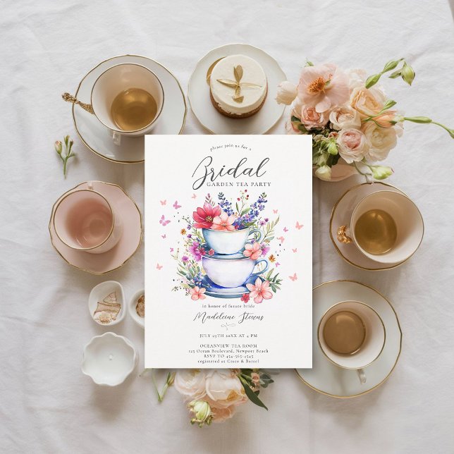 Butterflies Wildblommor Garden Tea Möhippa Inbjudningar (bridal garden tea party invitation wildflowers butterflies tea set elegant boho romantic)