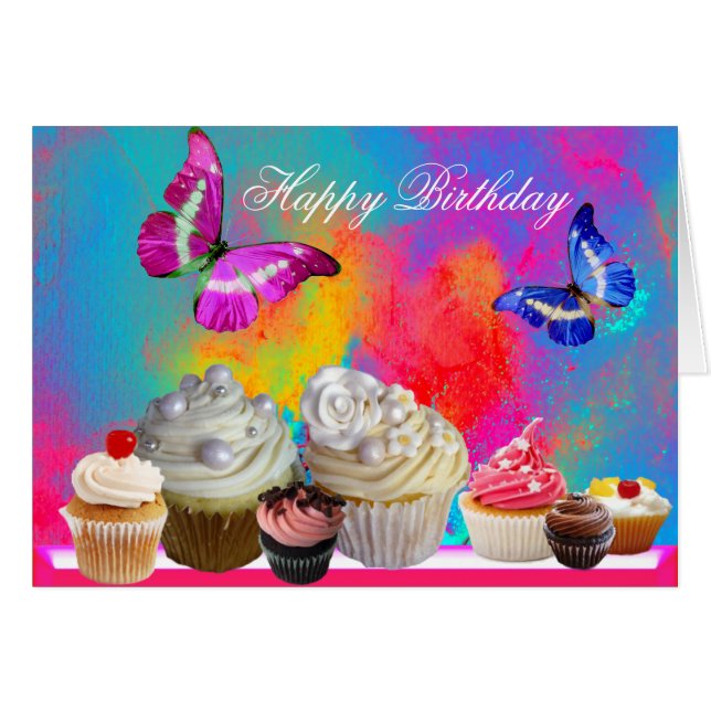 BUTTERFLIES YUMMY-MUFFINSAR,FÄRGBIRTHDAY HÄLSNINGSKORT (Framsidan Horizontal)