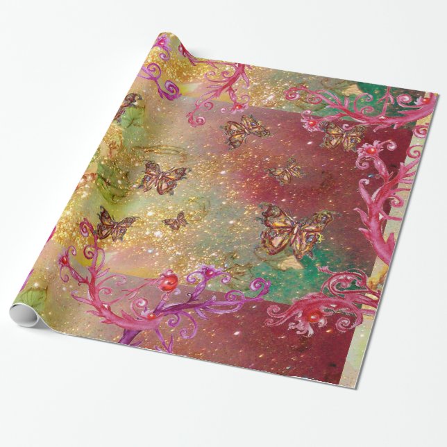 BUTTERFLIK I GULD GULT BROWN GRÖNT SPARKLES PRESENTPAPPER (Utrullad)