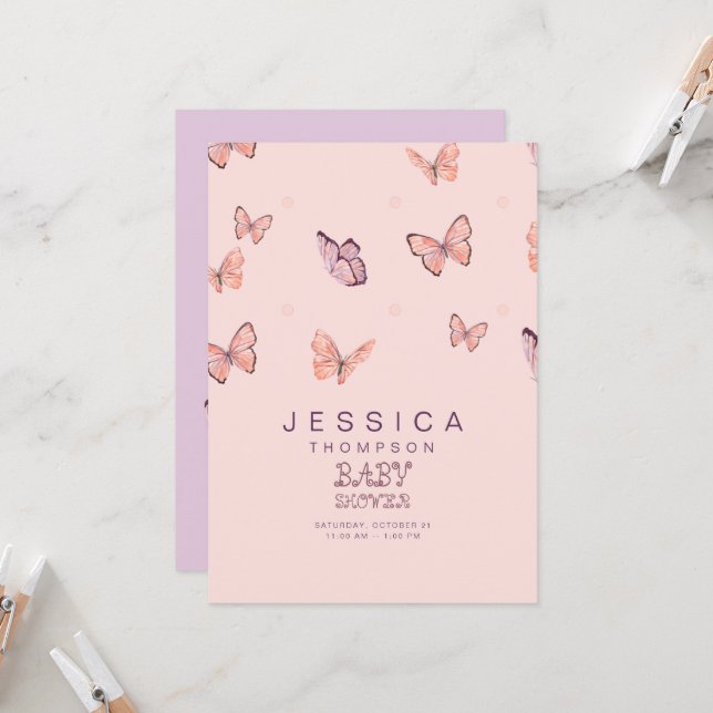 Butterflugor i inbjudan till Luft Girl Baby Shower (Fram/Back In Situ)