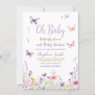 Butterflugor och lila blommor, babyskor inbjudningar