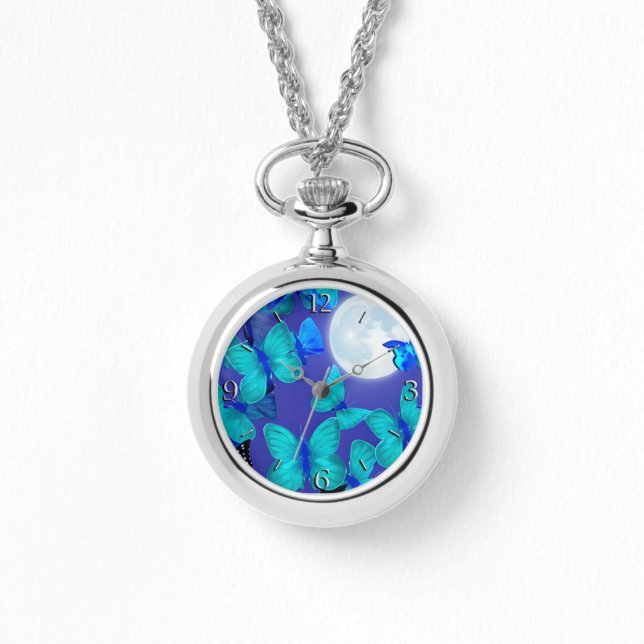 Butterflugor och månar i en djup blå månbelyst Him Armbandsur (Framsida)