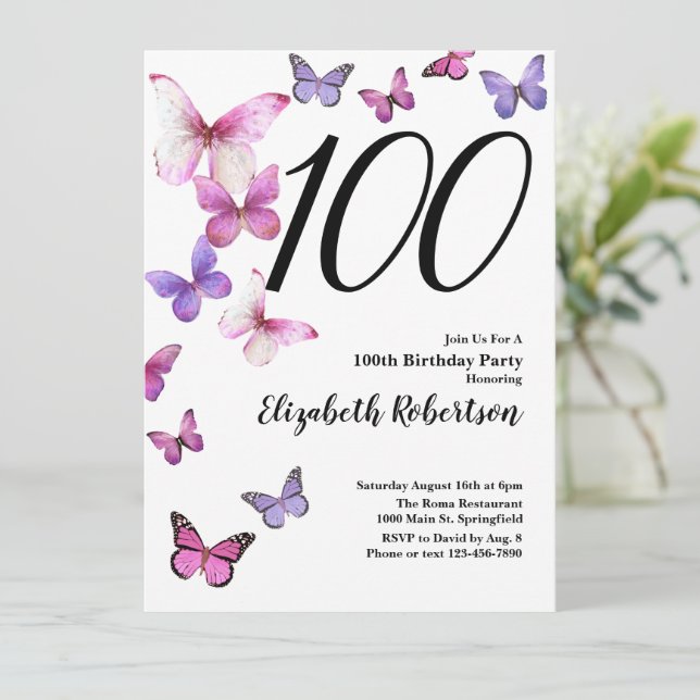 Butterfly 100:e födelsedagsinbjudan Rosa/Lila Inbjudningar (Stående Fram)