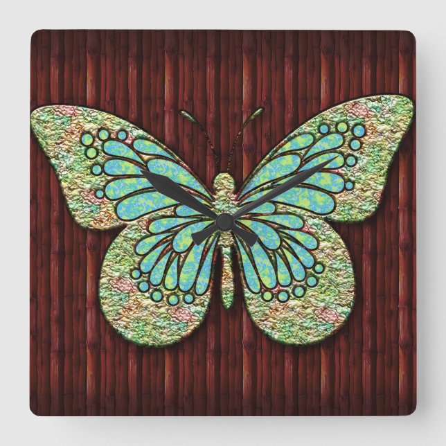 Butterfly 1 Wall Clocks BKGd. & Nummeralternativ Fyrkantig Klocka (Framsida)