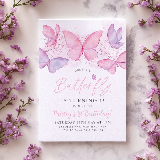 Butterfly 1st Birthday Invitation Pink Purple Girl Inbjudningar (Our little butterfly is turning 1! Pink Purple Butterfly 1st birthday design)