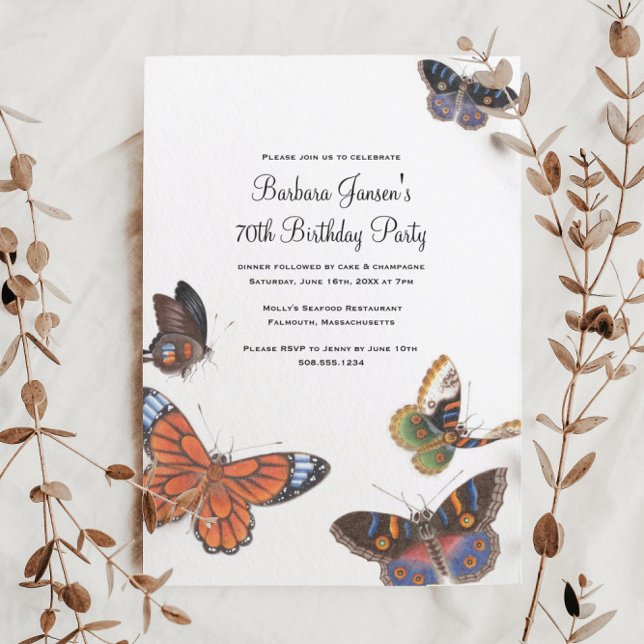 Butterfly 70:e Födelsedagsfest inbjudan (These elegant butterfly 70th birthday party invitations are perfect for a gardener)