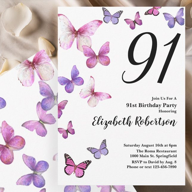 Butterfly 91st Birthday Invitation in Pink /Purple Inbjudningar (Skapare uppladdad)