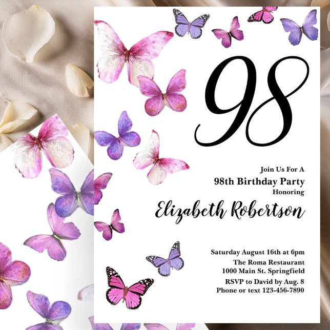 Butterfly 98th Birthday Invitation in Pink Purple Inbjudningar (Skapare uppladdad)