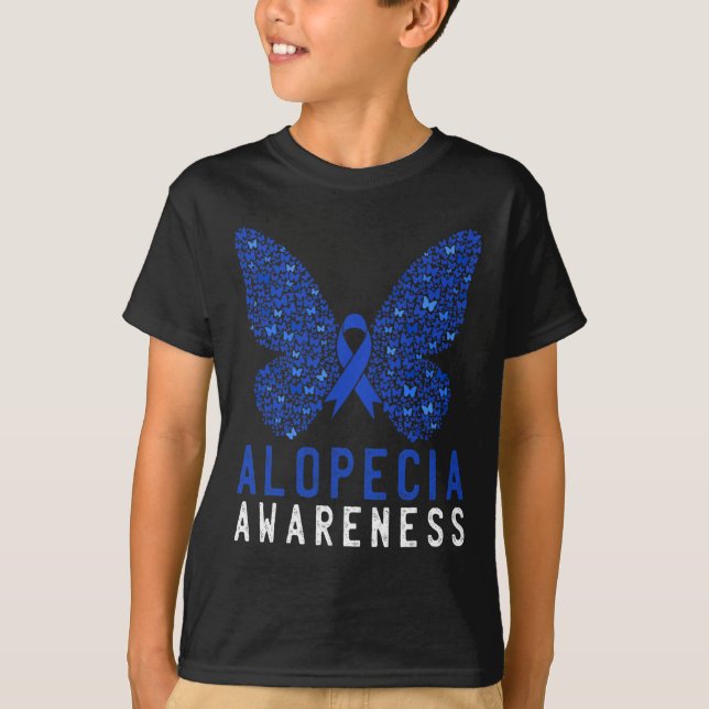 Butterfly Alopecia Awareness Blue Aribbon Supporto T Shirt (Framsida)