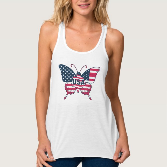 Butterfly American Flagga Design-62616 Linne Med Racerback (Framsida)