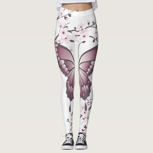 Butterfly and Cherry Blommar Mauve Leggings (Framsida)