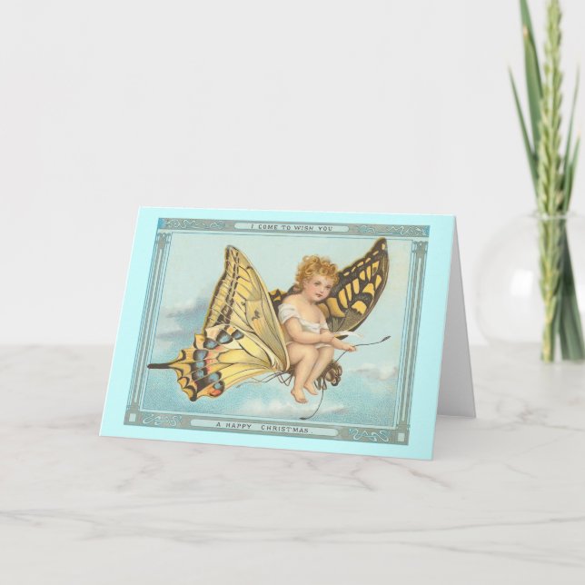 "Butterfly and Cherub" Vintage jul Card Helgkort (Framsida)
