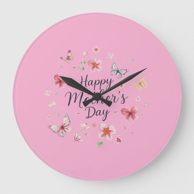 Butterfly and Floral Happy Mother's Day Stor Klocka (Framsida)