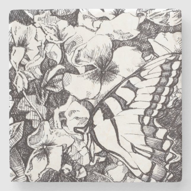 Butterfly and Flowers Detail Stone Underlägg (Framsidan)