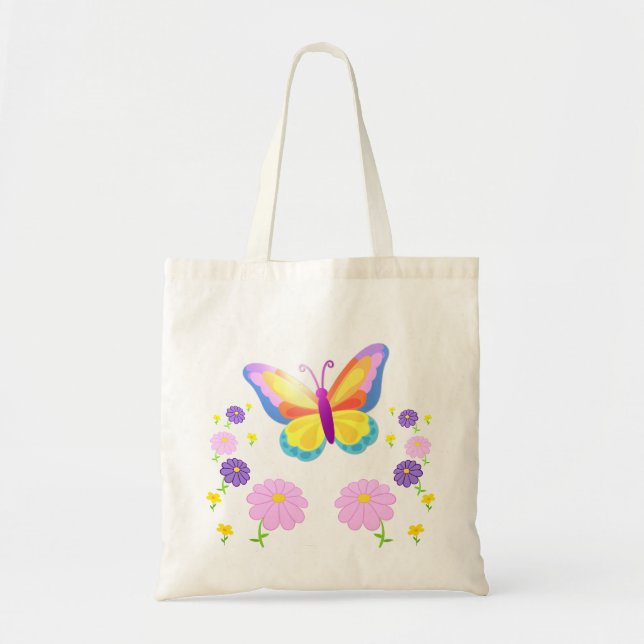 Butterfly and Flowers Tote Bag Tygkasse (Framsidan)