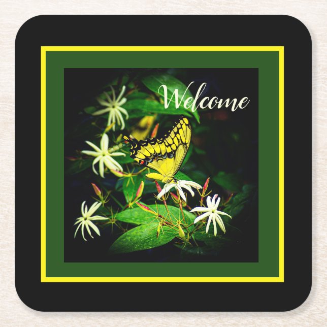 "Butterfly and Jasmine" Square Papper Underlägg Kvadrat (Framsidan)