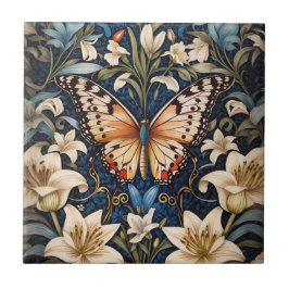 Butterfly and Lilies Botanical Ceramic Tile Kakelplatta