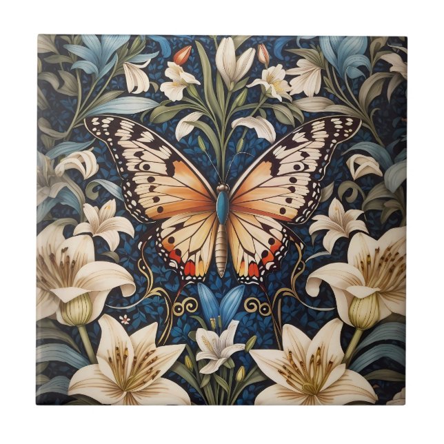 Butterfly and Lilies Botanical Ceramic Tile Kakelplatta (Framsidan)
