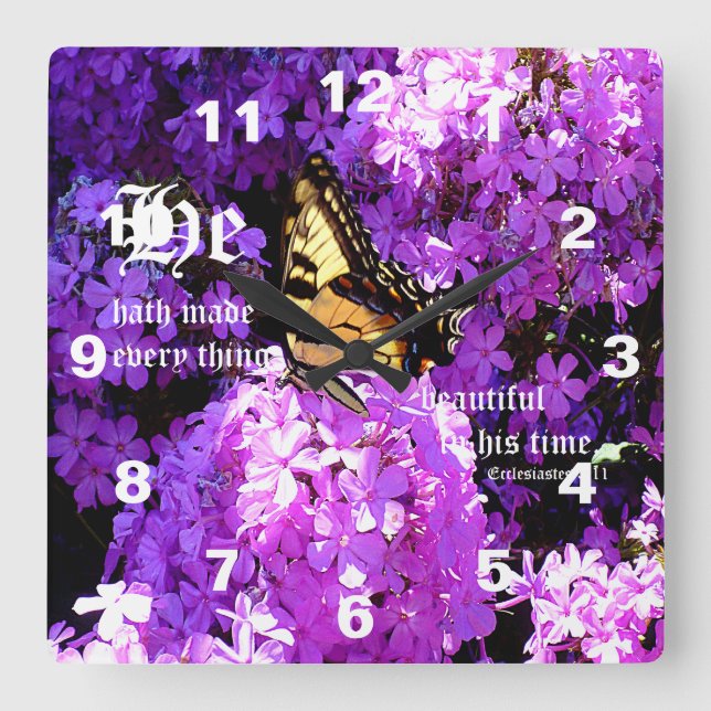 Butterfly and Phlox with Ecclesiastes 3:11 Fyrkantig Klocka (Framsida)