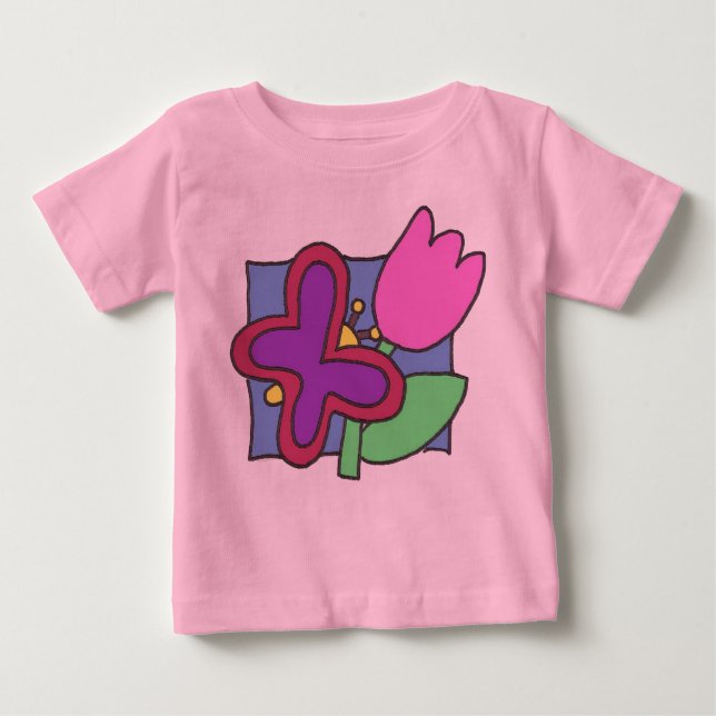Butterfly and Tulip Colorful Childs Art  T Shirt (Framsida)