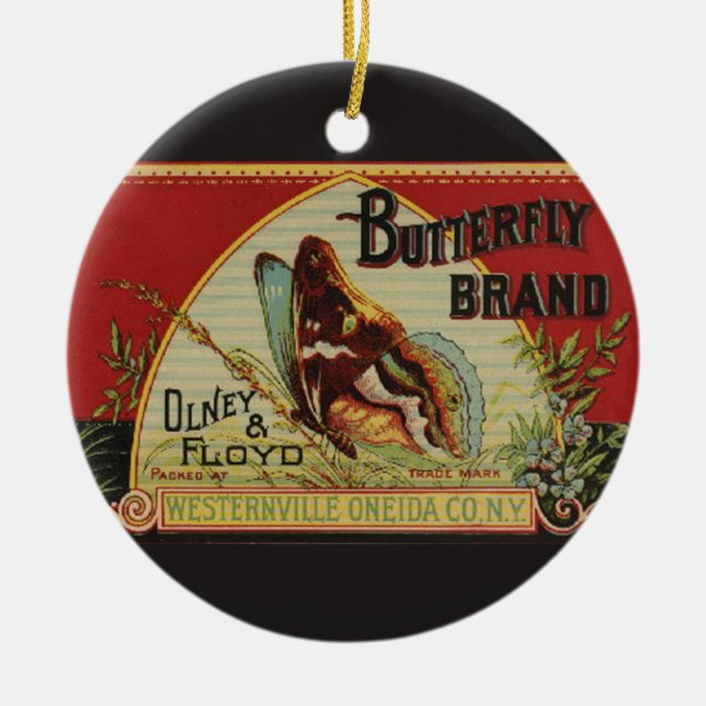 Butterfly Antique Advertising-etikett Julgransprydnad Keramik (Framsidan)