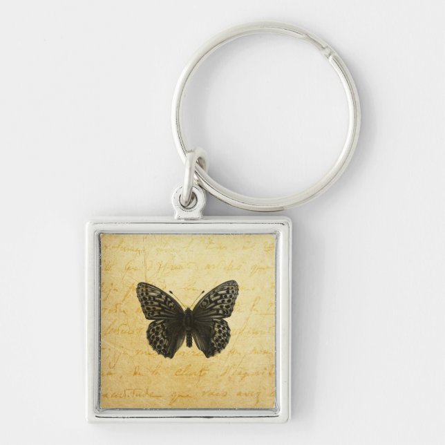 Butterfly Art Fyrkantig Silverfärgad Nyckelring (Framsidan)