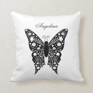 Butterfly Artsy Elegant Black and White Namn Kudde
