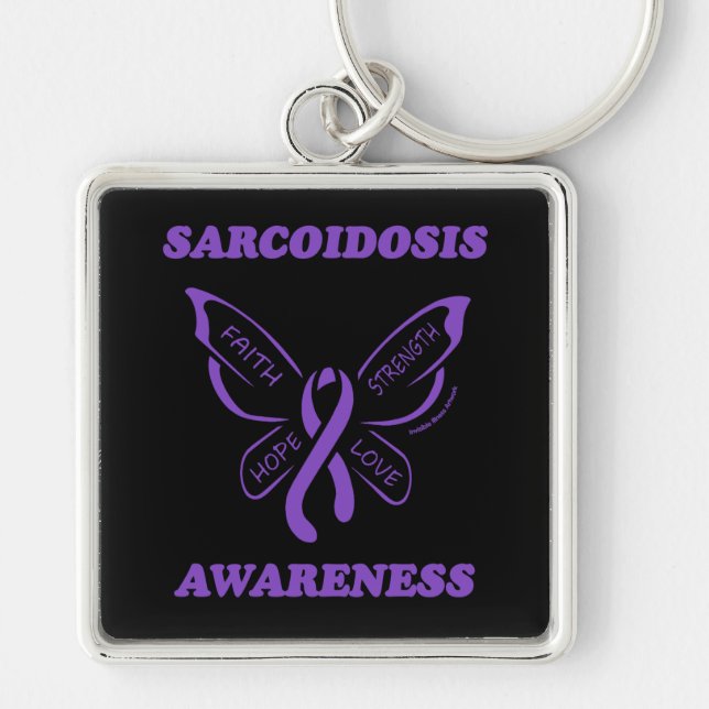 Butterfly/Awareness...Sarcoidos Keychain Fyrkantig Silverfärgad Nyckelring (Framsidan)