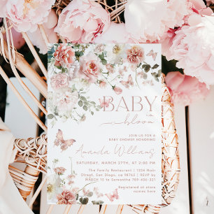 Butterfly Baby i Bloom Rosa Blommigt Baby Shower Inbjudningar