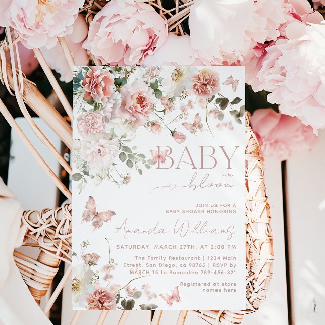 Butterfly Baby i Bloom Rosa Blommigt Baby Shower Inbjudningar (Skapare uppladdad)