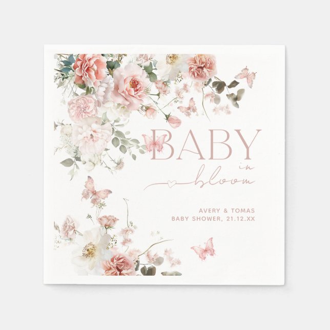 Butterfly Baby i Bloom Rosa Blommigt Baby Shower Pappersservett (Framsidan)