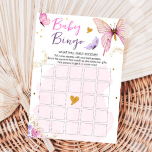 Butterfly Baby Shower Bingo Game Rosa Guld Girl Inbjudningar