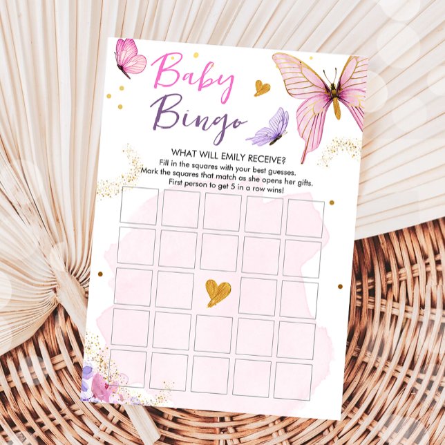 Butterfly Baby Shower Bingo Game Rosa Guld Girl Inbjudningar (Skapare uppladdad)